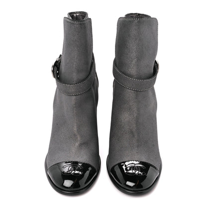 Chanel Suede Kidskin Patent Cap Toe Interlocking CC Ankle Boots 39 Dark Silver Black 2 of 10
