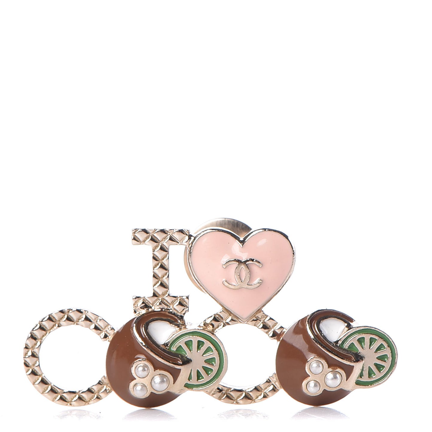 Metal Resin Pearl I Love Coco Brooch Gold Brown Pink