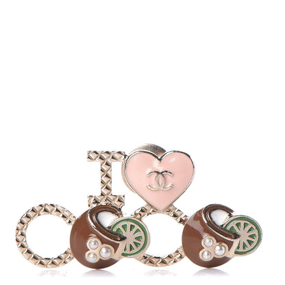 Chanel Metal Resin Pearl I Love Coco Brooch Gold Brown Pink 1 of 4
