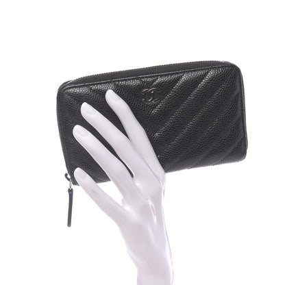 Chanel Caviar Chevron Quilted Small Zip Around Wallet Black 2 of 8