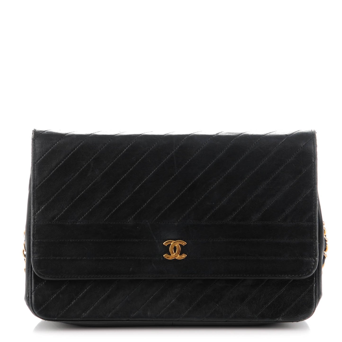 Lambskin Diagonal Quilted Small Single Flap Black