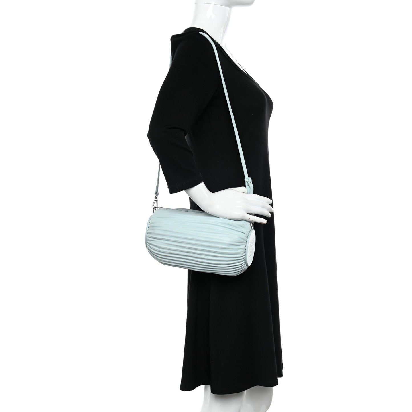 Lambskin Pleated Bracelet Pouch Shoulder Bag Blue Iceberg
