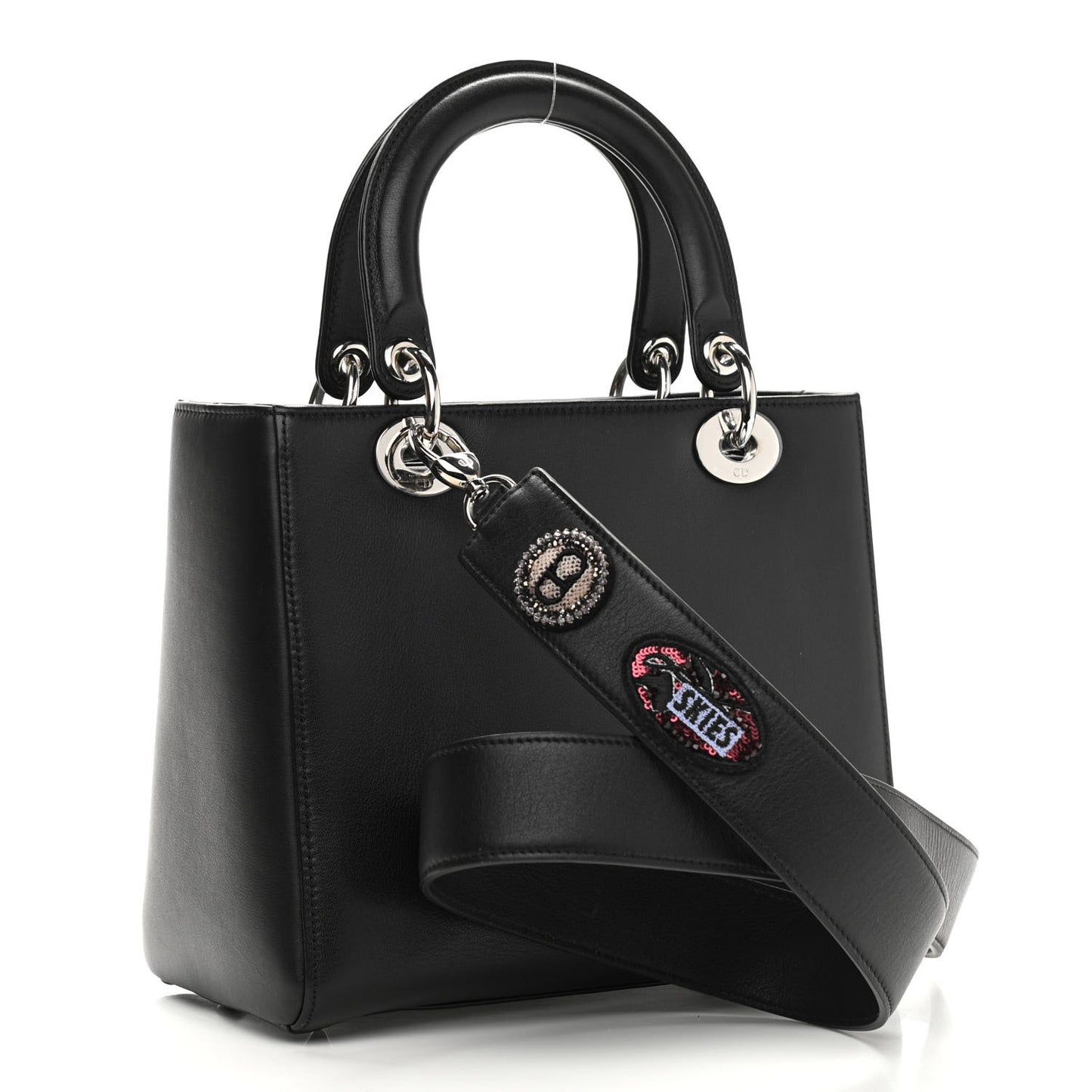 Smooth Calfskin Embroidered Beaded Floral Medium Lady Dior Black