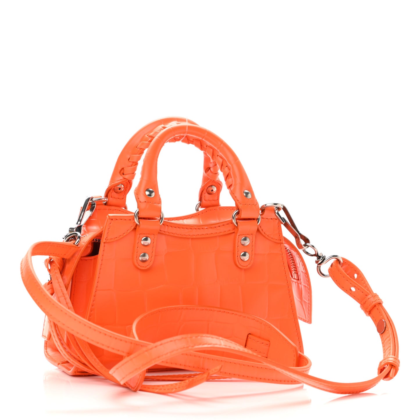 Semi Shiny Calfskin Crocodile Embossed Neo Classic Silver Hardware Nano City Crossbody Orange