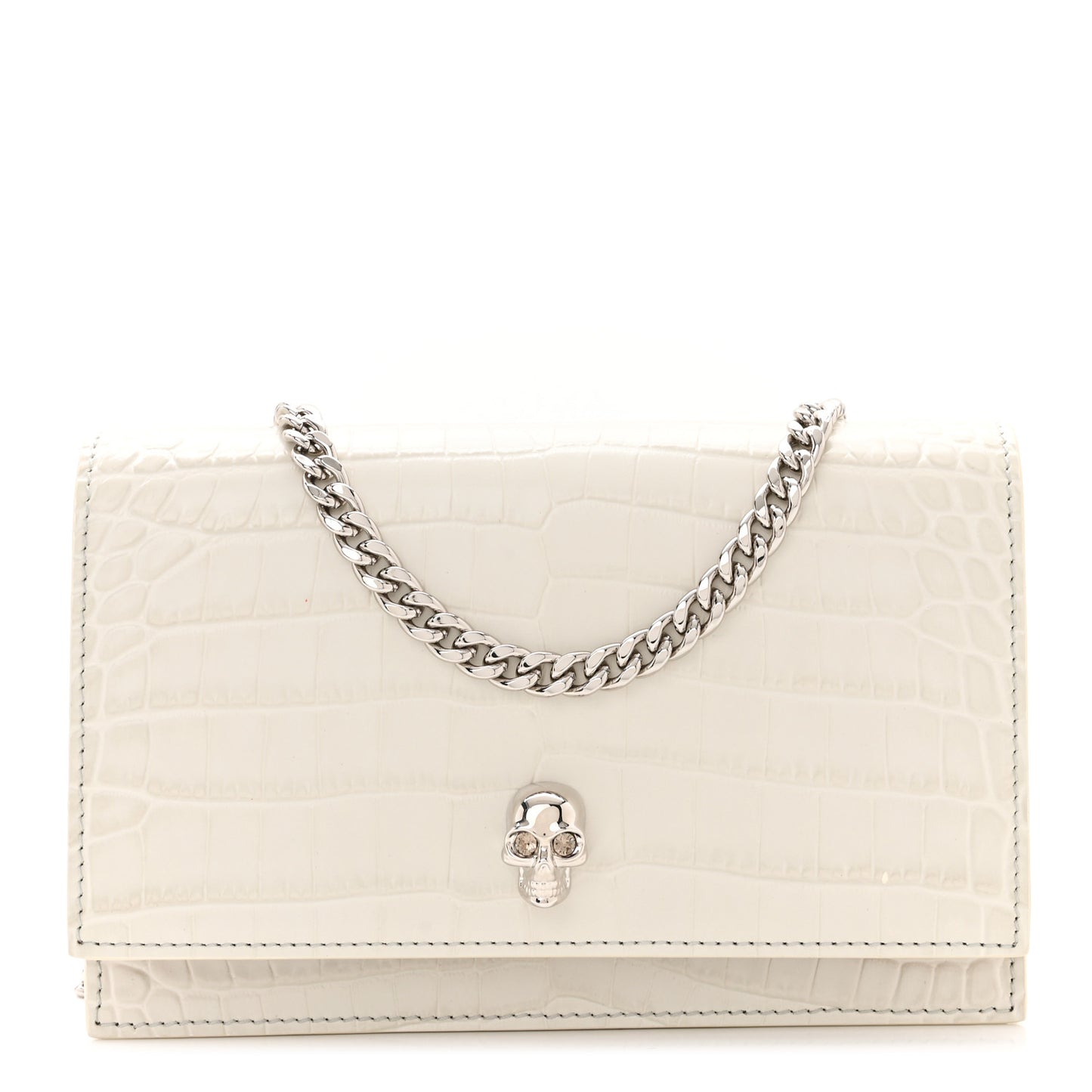 Calfskin Crocodile Embossed Skull Mini Crossbody Bag White