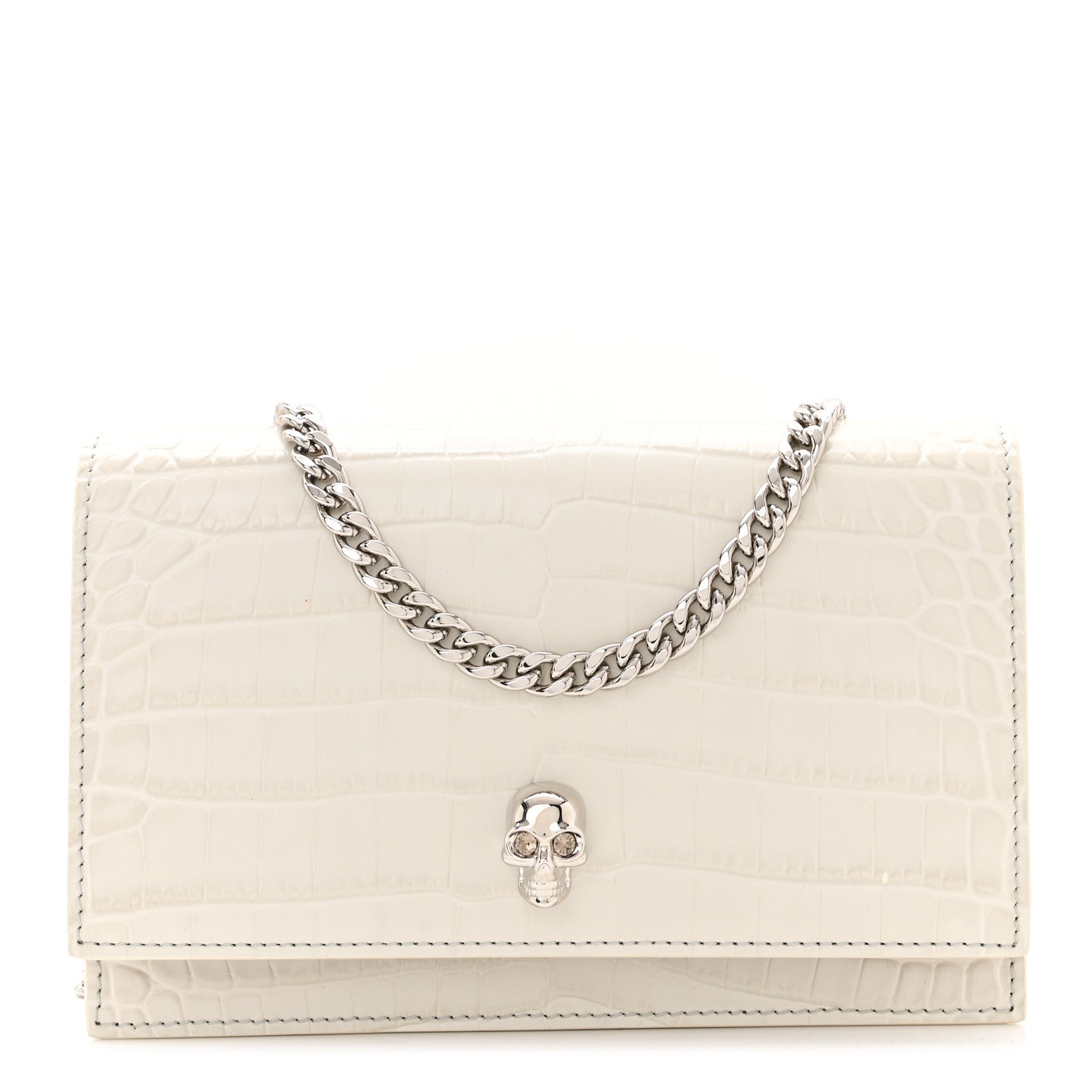 Alexander McQueen Calfskin Crocodile Embossed Skull Mini Crossbody Bag White 1 of 10