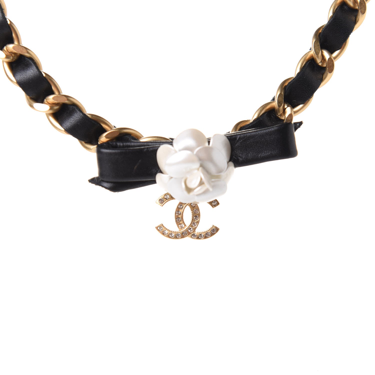Chanel Calfskin Crystal Chain Camellia Belt 85 Black Gold 3 of 5