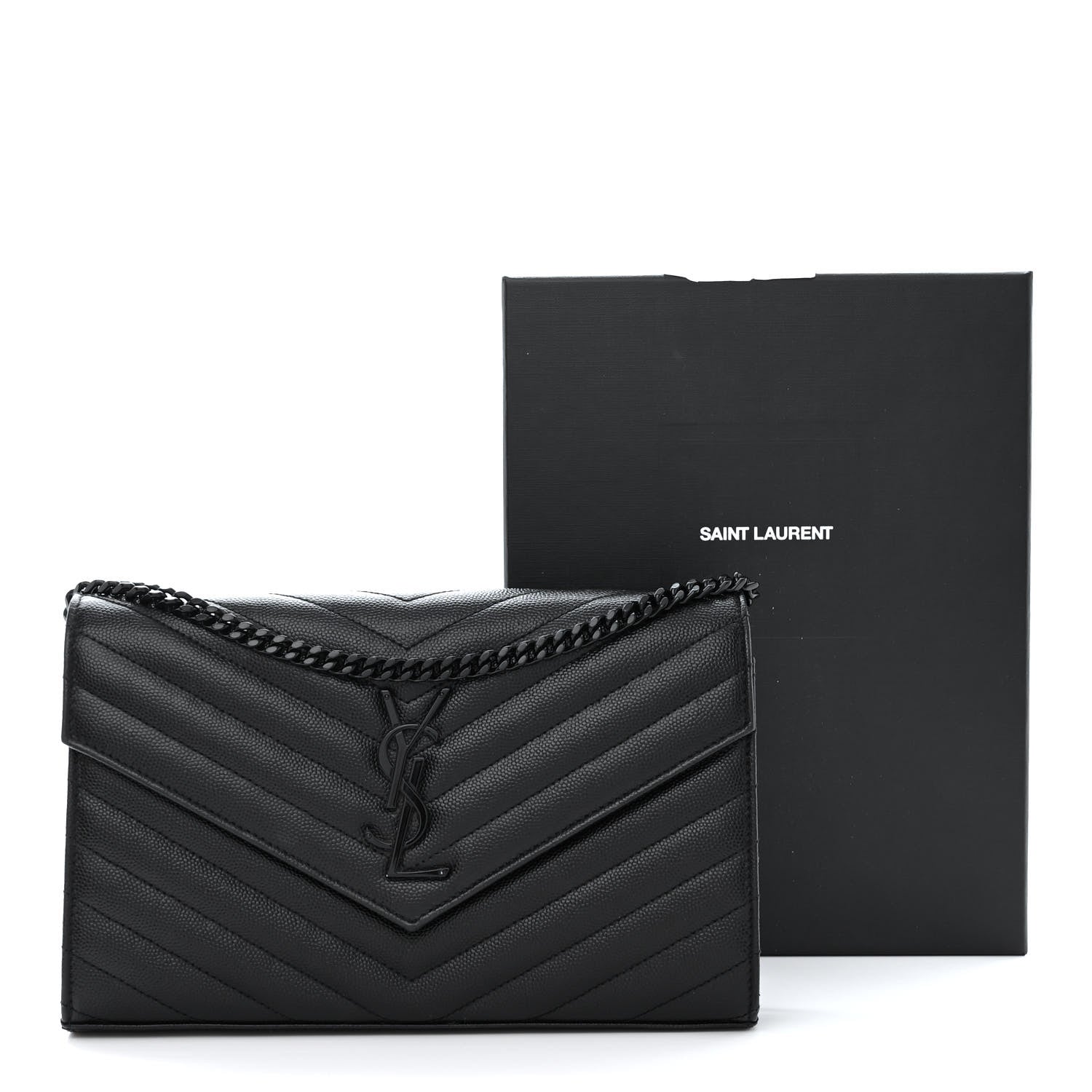 Saint Laurent Grain De Poudre Matelasse Chevron Monogram Monochrome Chain Wallet Black 10 of 10