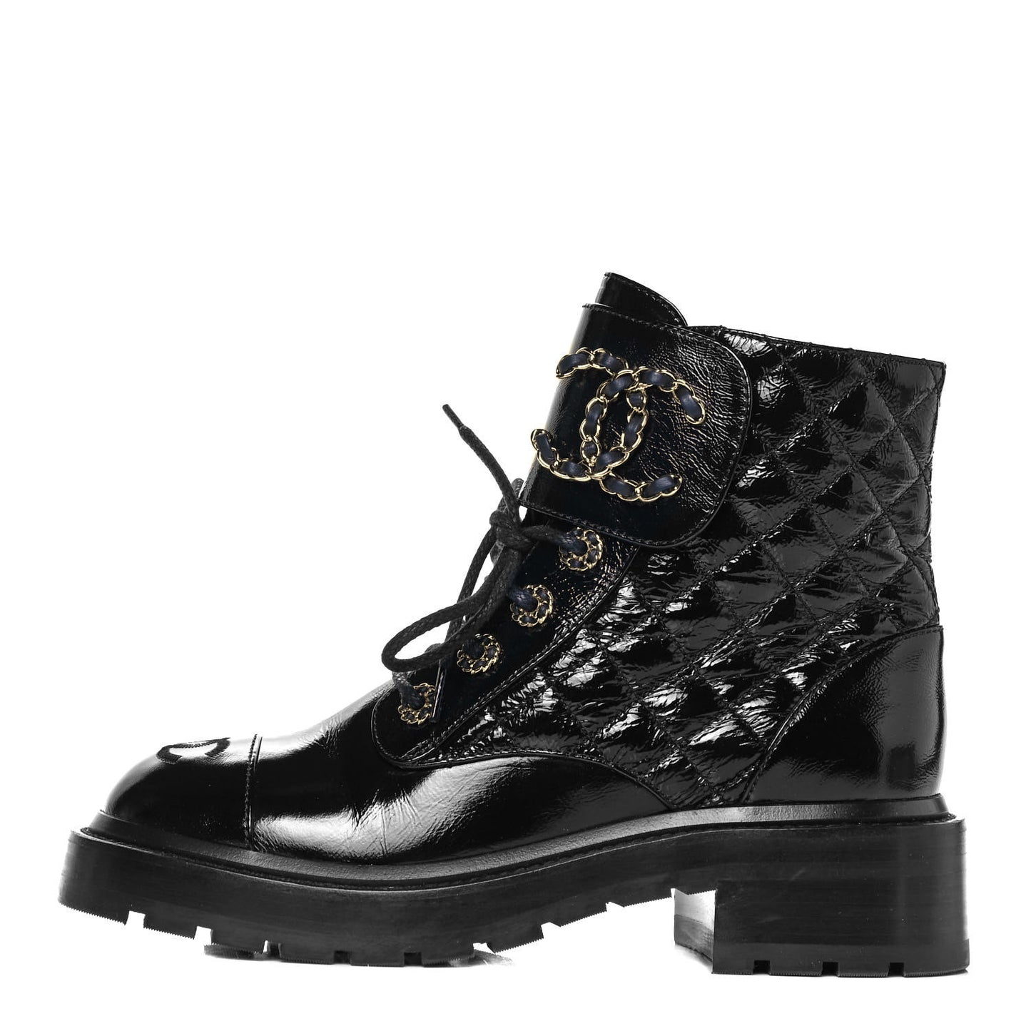 Shiny Calfskin Quilted Lace Up Combat Boots 36 Black