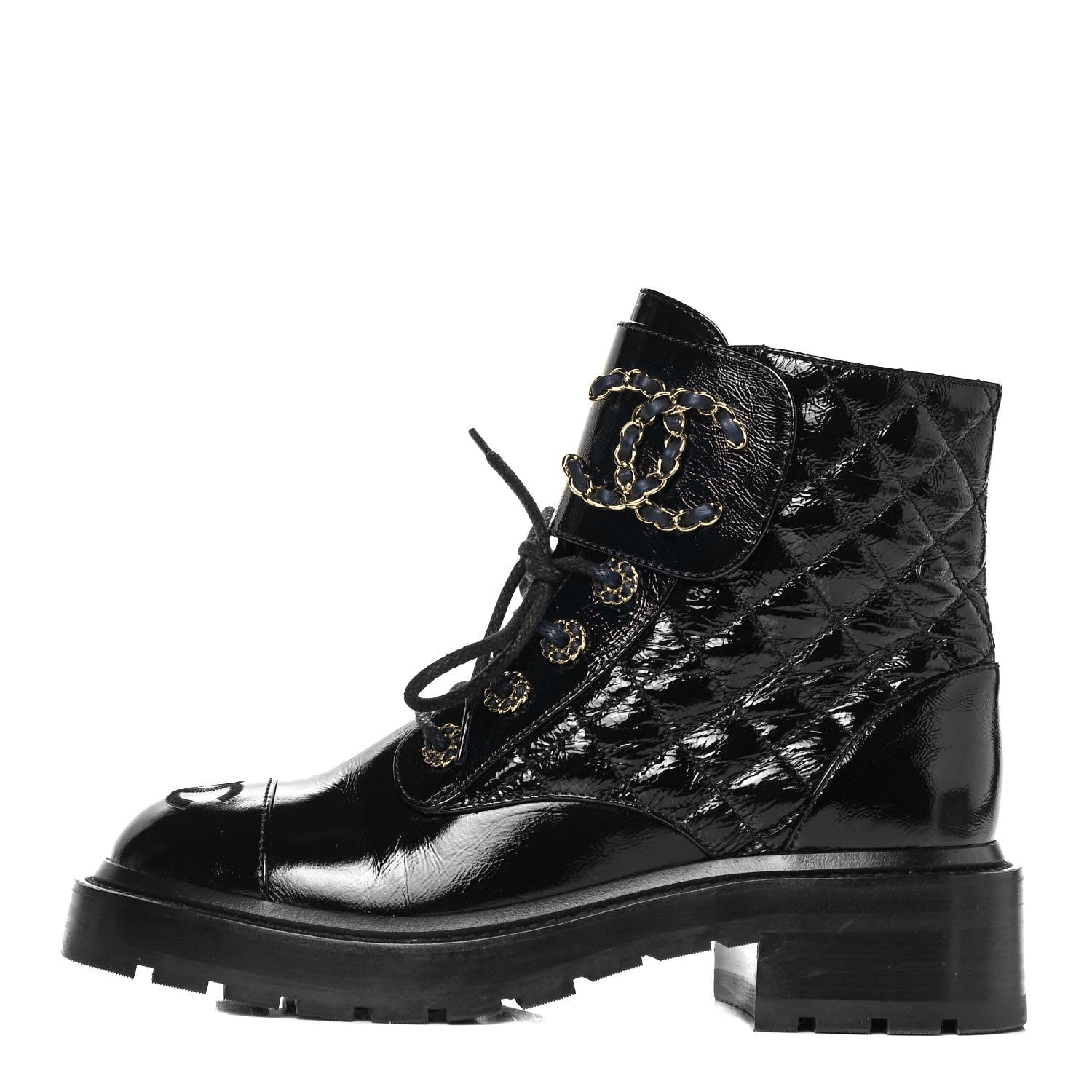 Chanel Shiny Calfskin Quilted Lace Up Combat Boots 36 Black 1 of 7