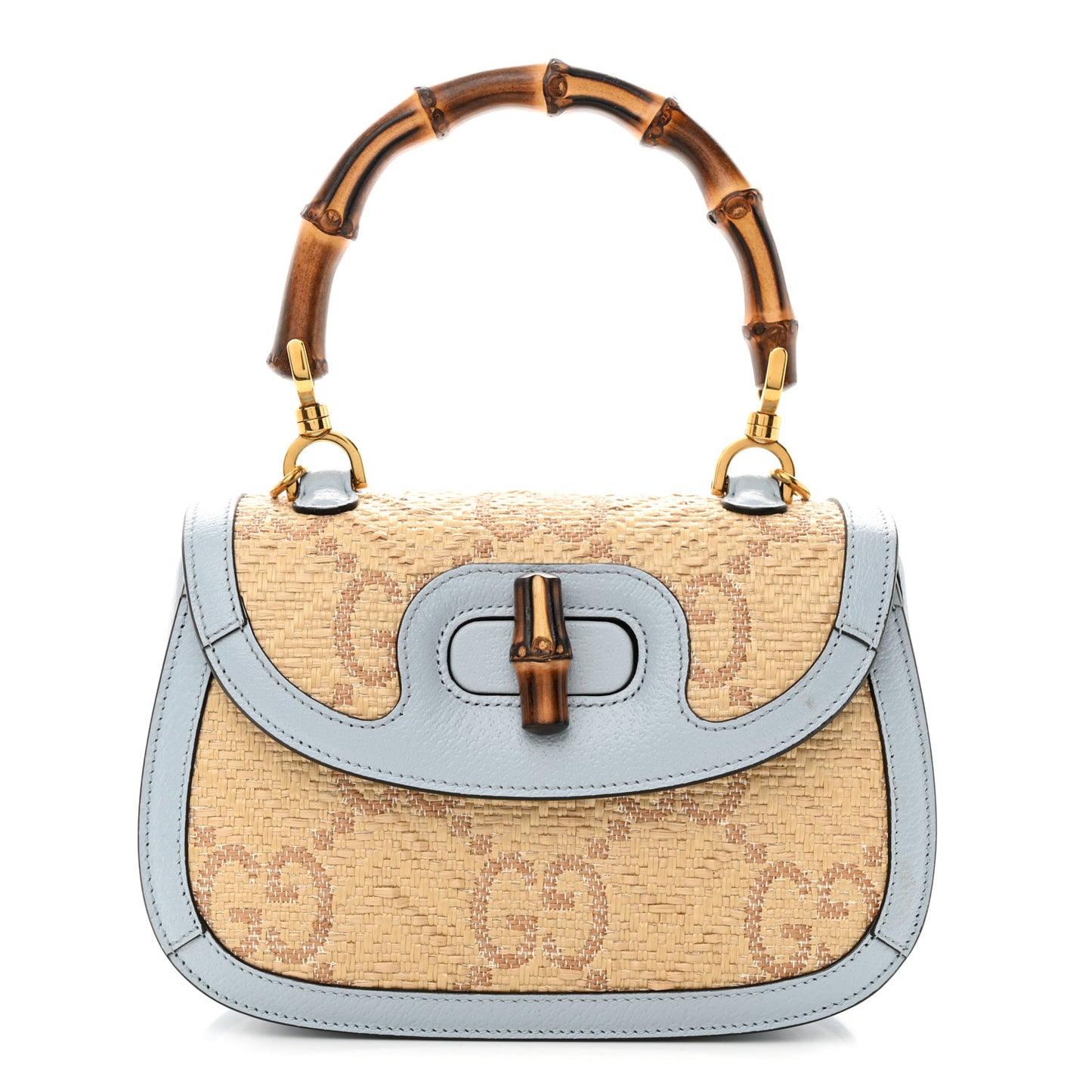 Raffia Textured Dollar Calfskin GG Monogram Small Bamboo 1947 Top Handle Bag Light Blue Natural