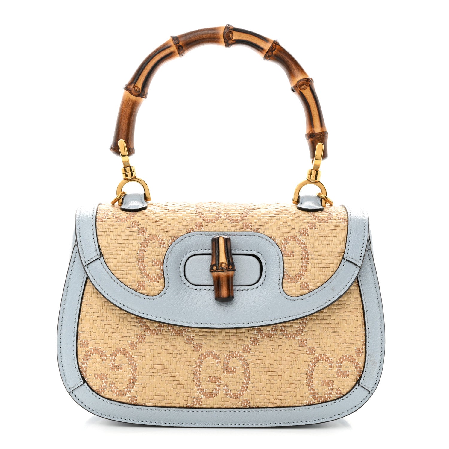 Gucci Raffia Textured Dollar Calfskin GG Monogram Small Bamboo 1947 Top Handle Bag Light Blue Natural 1 of 11