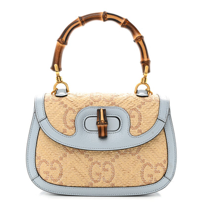 Gucci Raffia Textured Dollar Calfskin GG Monogram Small Bamboo 1947 Top Handle Bag Light Blue Natural 1 of 11