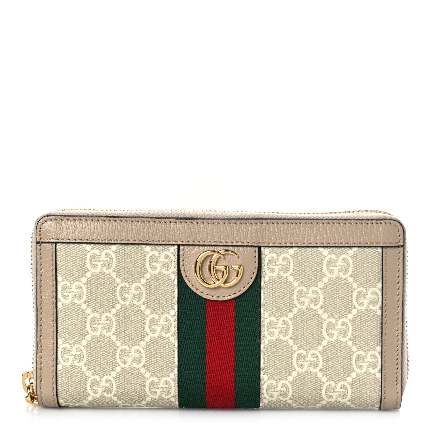 Gucci GG Supreme Monogram Textured Dollar Calfskin Web Ophidia Zip Around Wallet Beige Mystic White Oatmeal 1 of 10