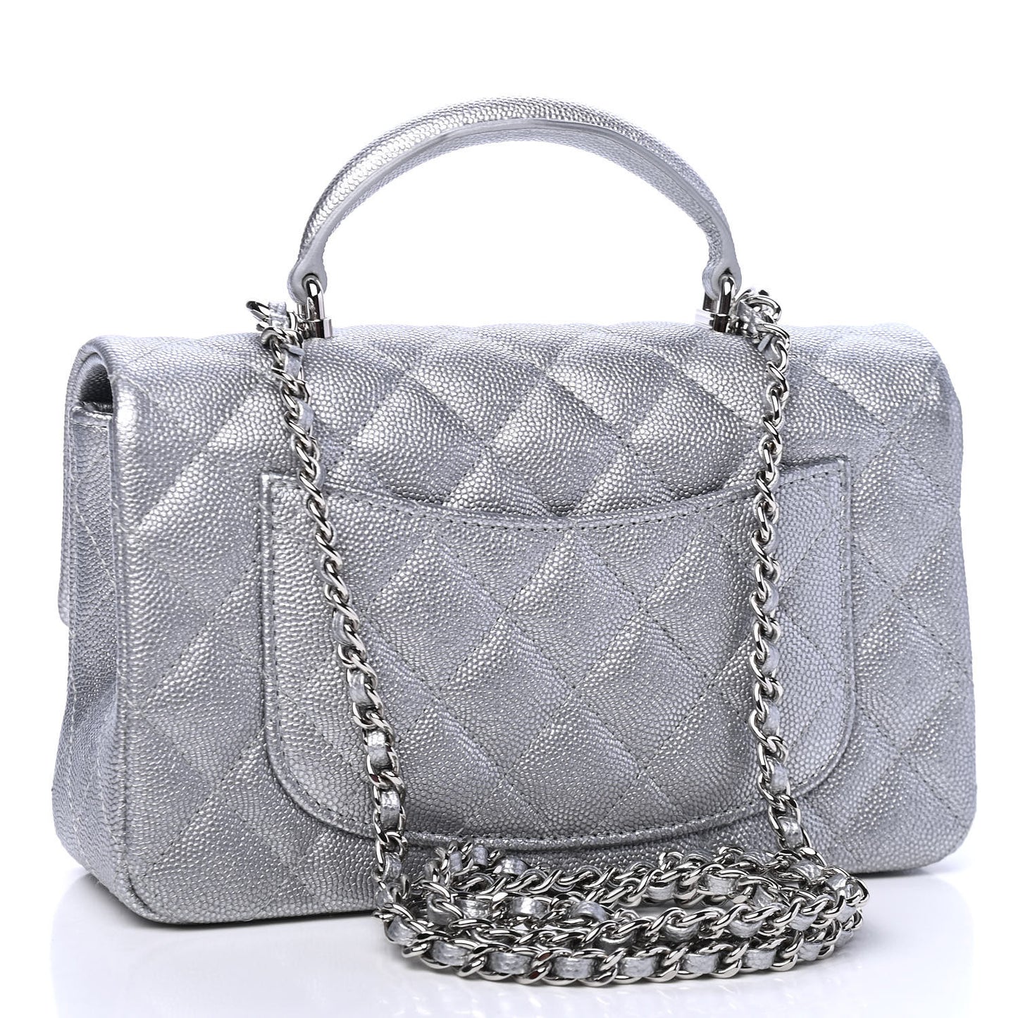 Metallic Caviar Quilted Mini Top Handle Rectangular Flap Silver