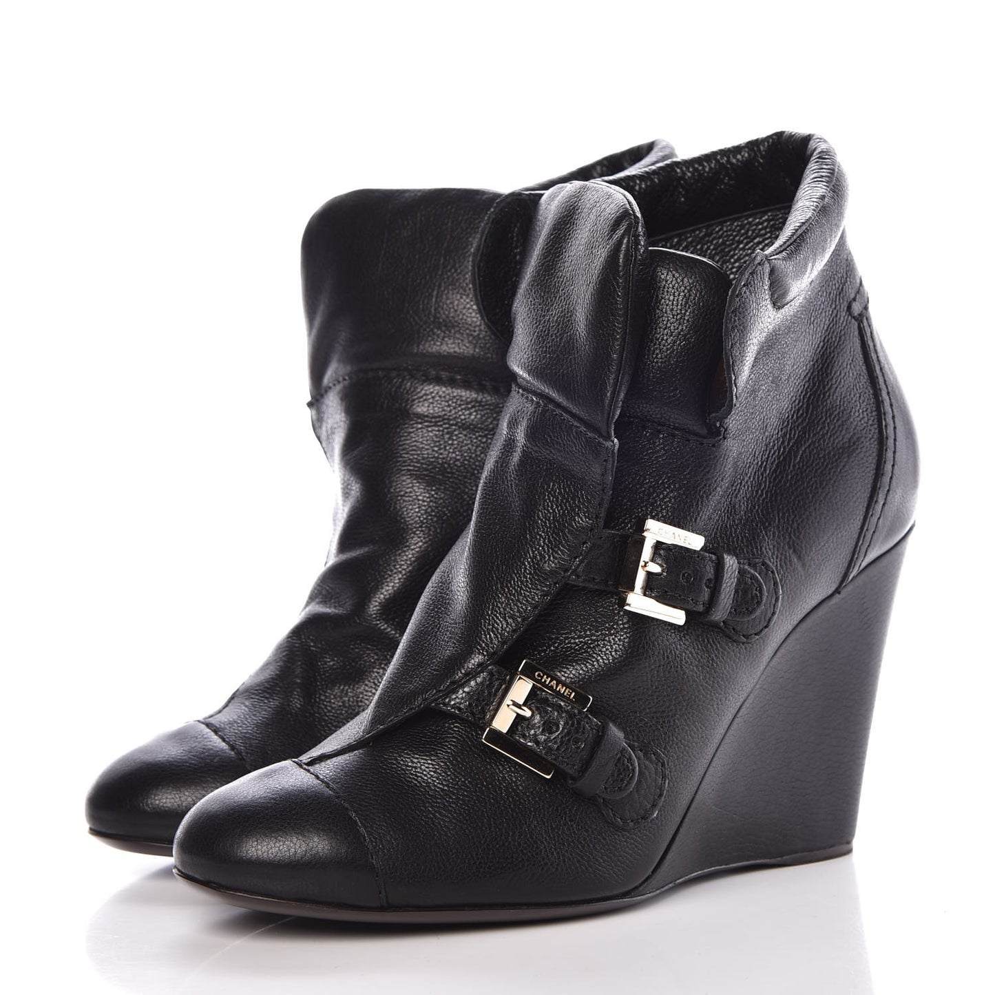 Calfskin Ankle Wedge Boots 38.5 Black