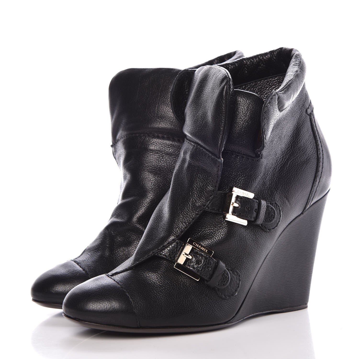 Chanel Calfskin Ankle Wedge Boots 38.5 Black 3 of 9