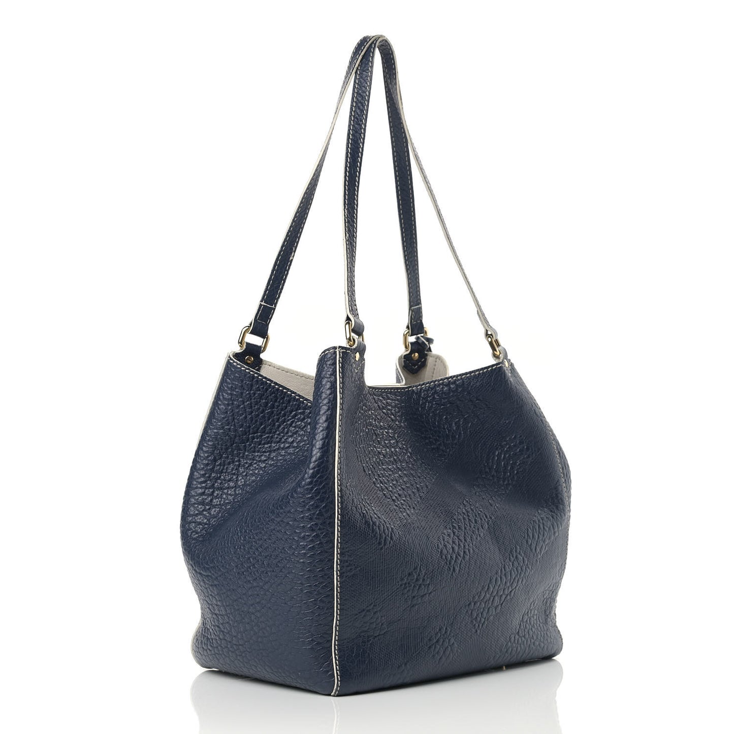 Signature Grain Calfskin Check Embossed Small Canterbury Tote Blue Carbon