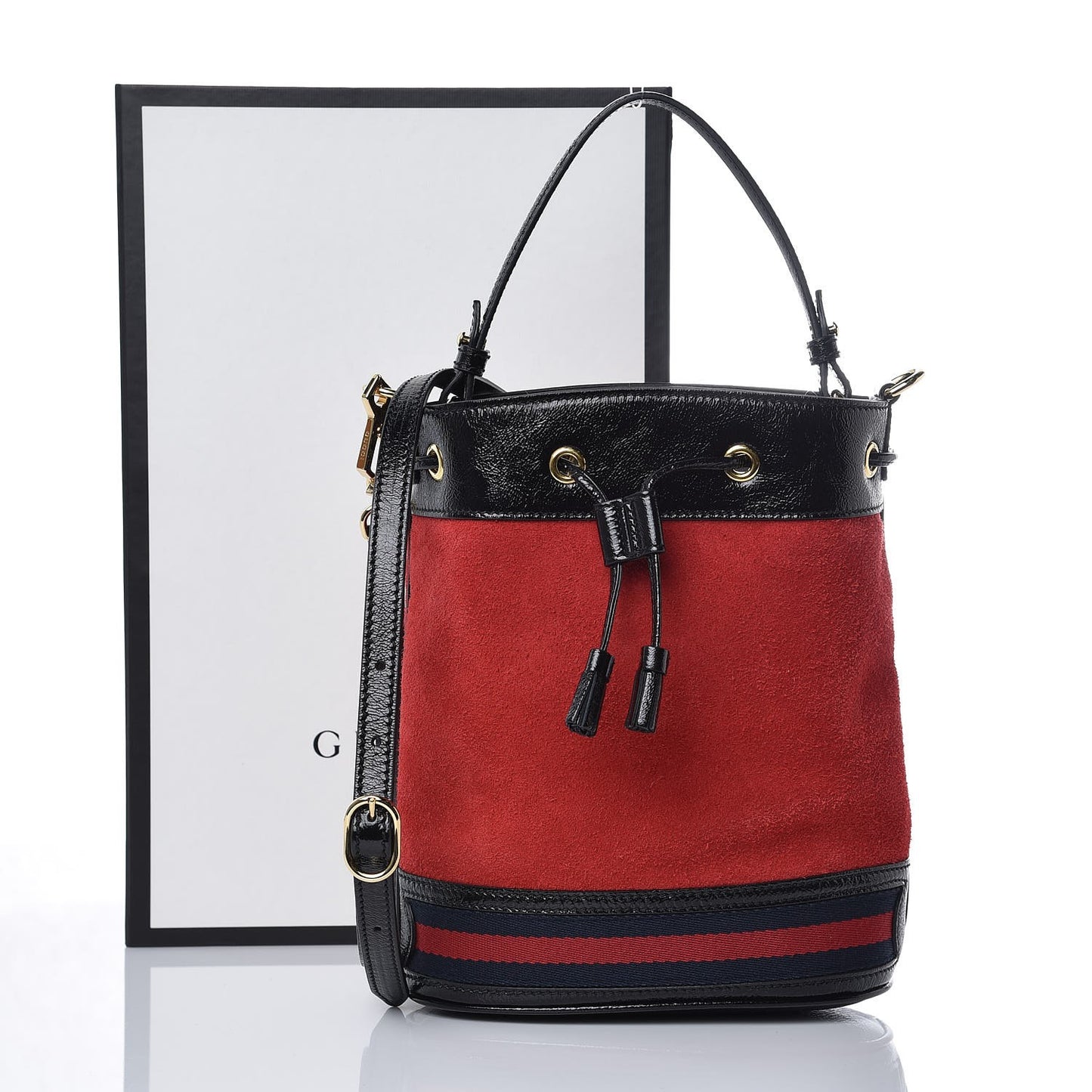 Suede Patent Web Small Ophidia Bucket Bag Hibiscus Red Black