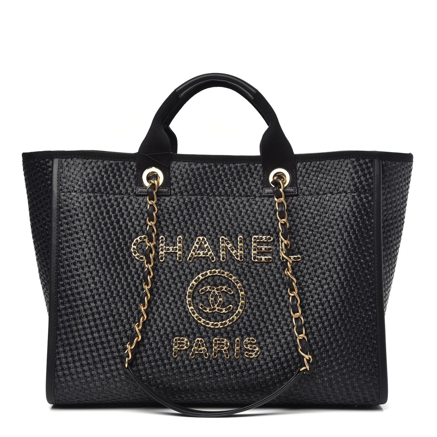 Straw Raffia Calfskin Chain Medium Deauville Tote Black