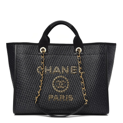 Chanel Straw Raffia Calfskin Chain Medium Deauville Tote Black 1 of 11