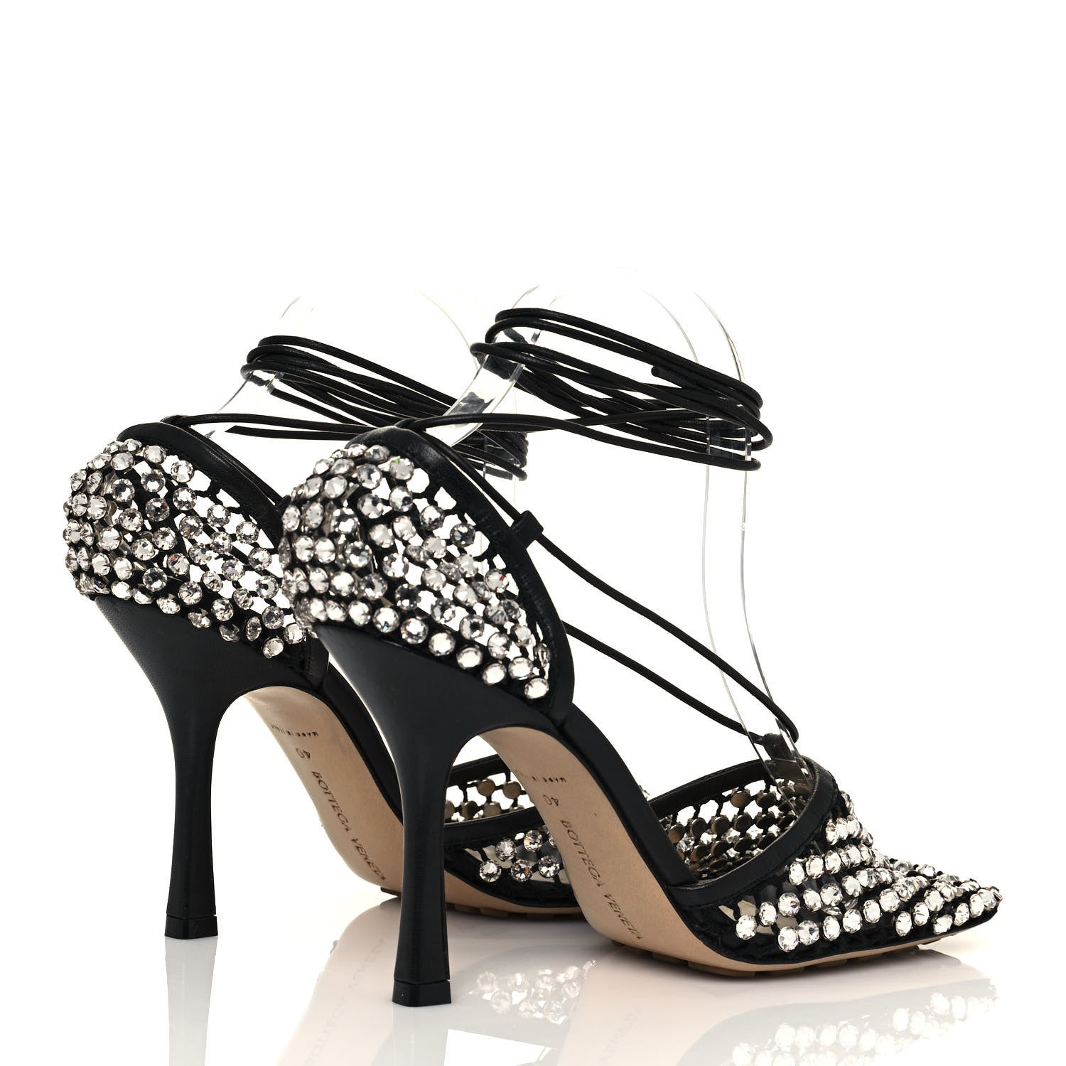 Bottega Veneta Mesh Nappa Crystal Embellished Sparkle Stretch Ankle Tie Sandals 40 Black 4 of 9