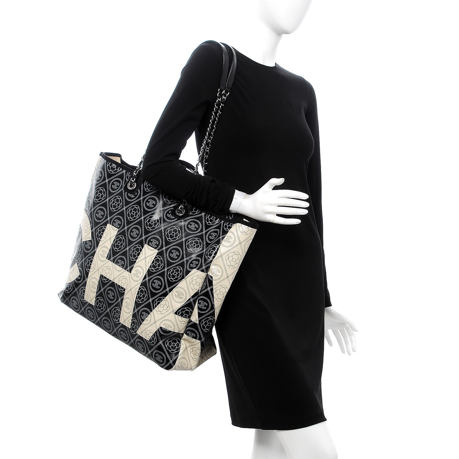 Chanel Coated Canvas Camellia Large Shopping Tote Black Beige 2 of 11