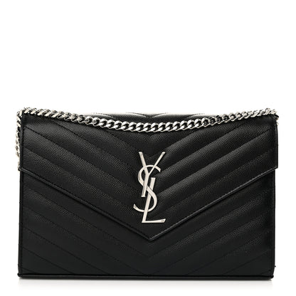 Saint Laurent Grain De Poudre Matelasse Chevron Monogram Chain Wallet Black 1 of 10