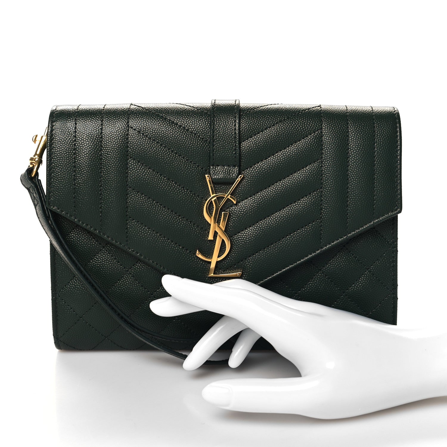 Saint Laurent Grain De Poudre Textured Mixed Matelasse Triquilt Monogram Clutch Vert Fonce 2 of 10