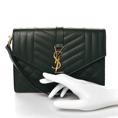 Saint Laurent Grain De Poudre Textured Mixed Matelasse Triquilt Monogram Clutch Vert Fonce 2 of 10