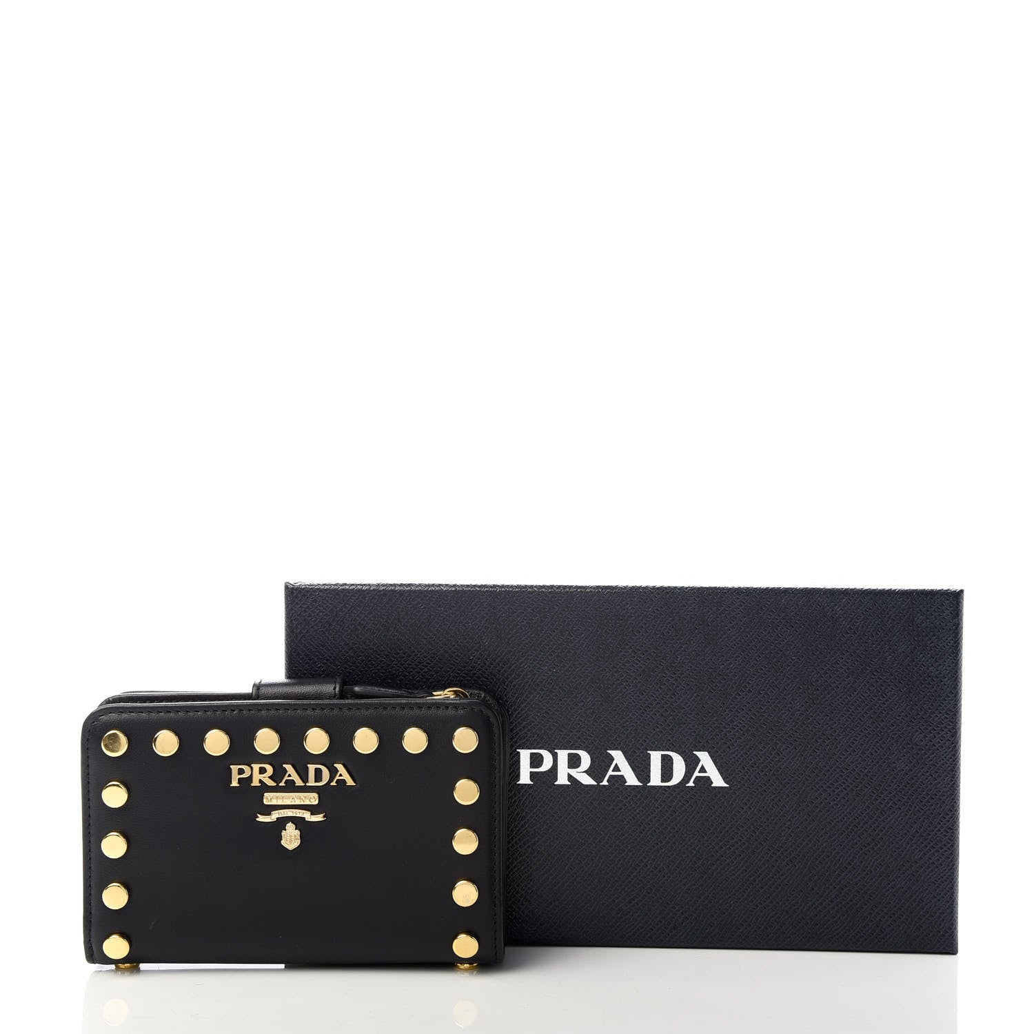 Prada Soft Calfskin Studded Compact Wallet Black 7 of 7