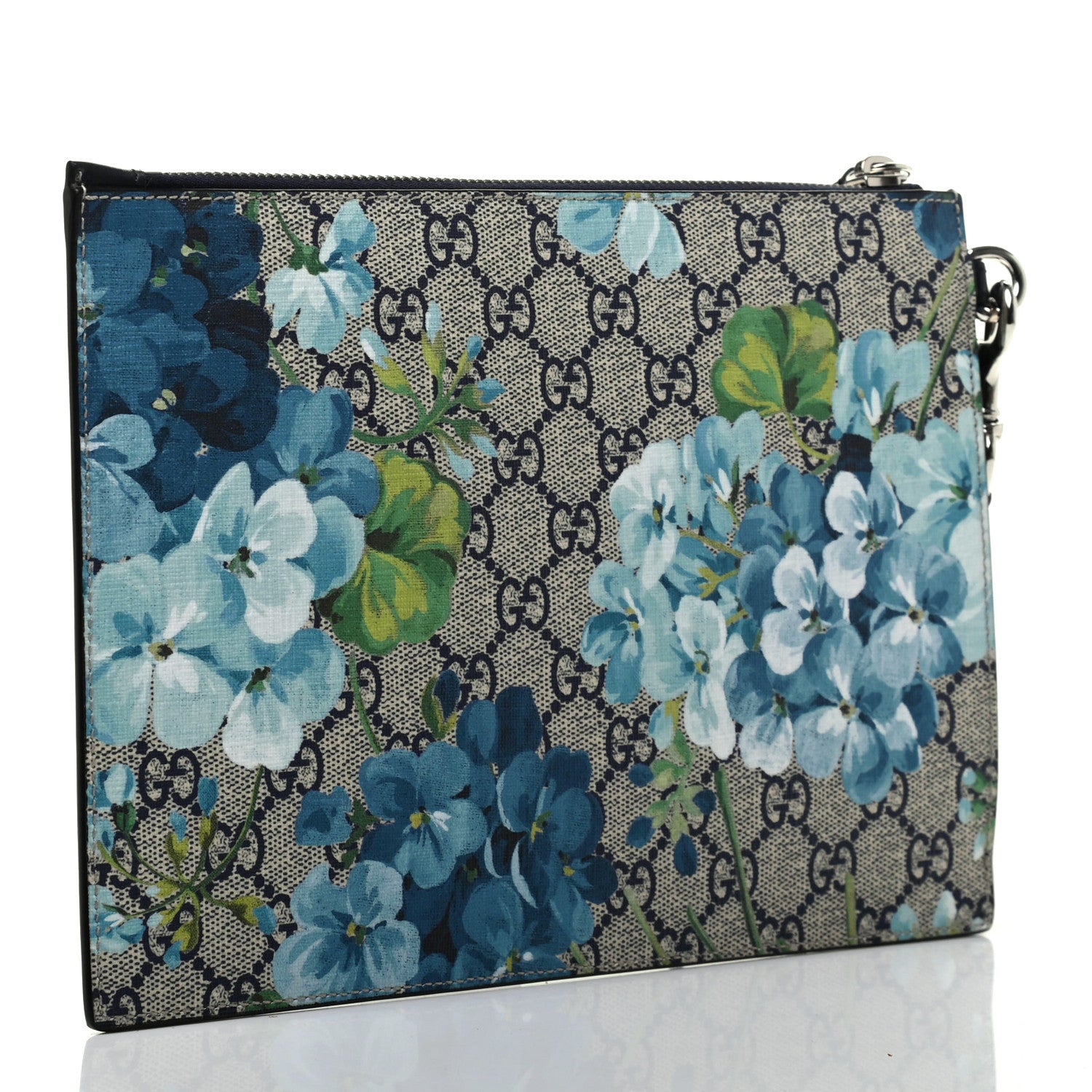 Gucci GG Supreme Monogram Blooms Small Zip Wristlet Pouch Beige Blue Black 3 of 8