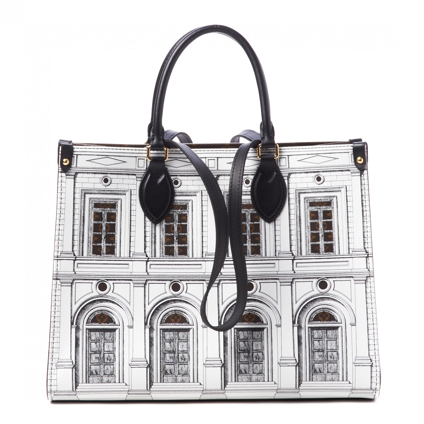X FORNASETTI Calfskin Architettura Onthego MM Black White