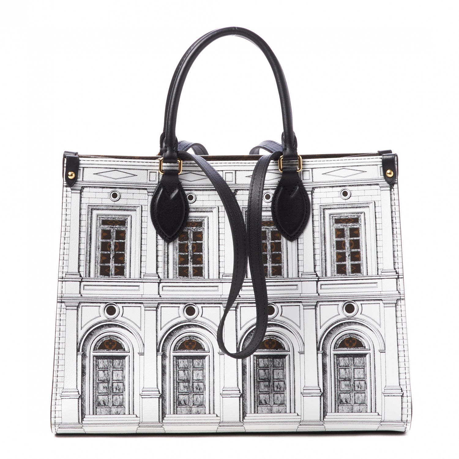 Louis Vuitton X FORNASETTI Calfskin Architettura Onthego MM Black White 1 of 8
