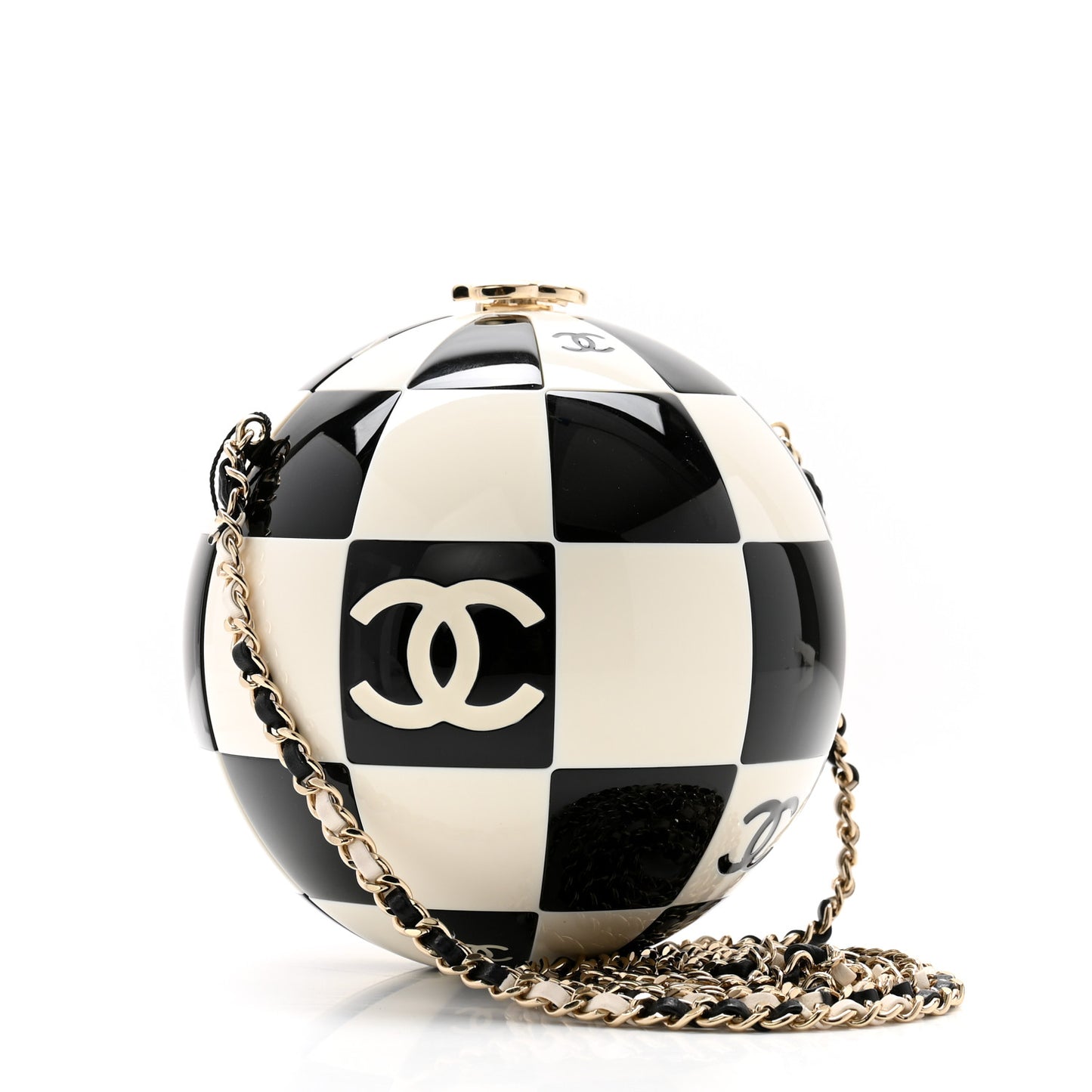 Resin Enamel CC Round Minaudiere Clutch Black White