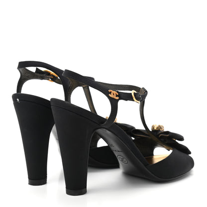 Chanel Satin Canvas Pearl Bow Sandals 38 Black 4 of 14