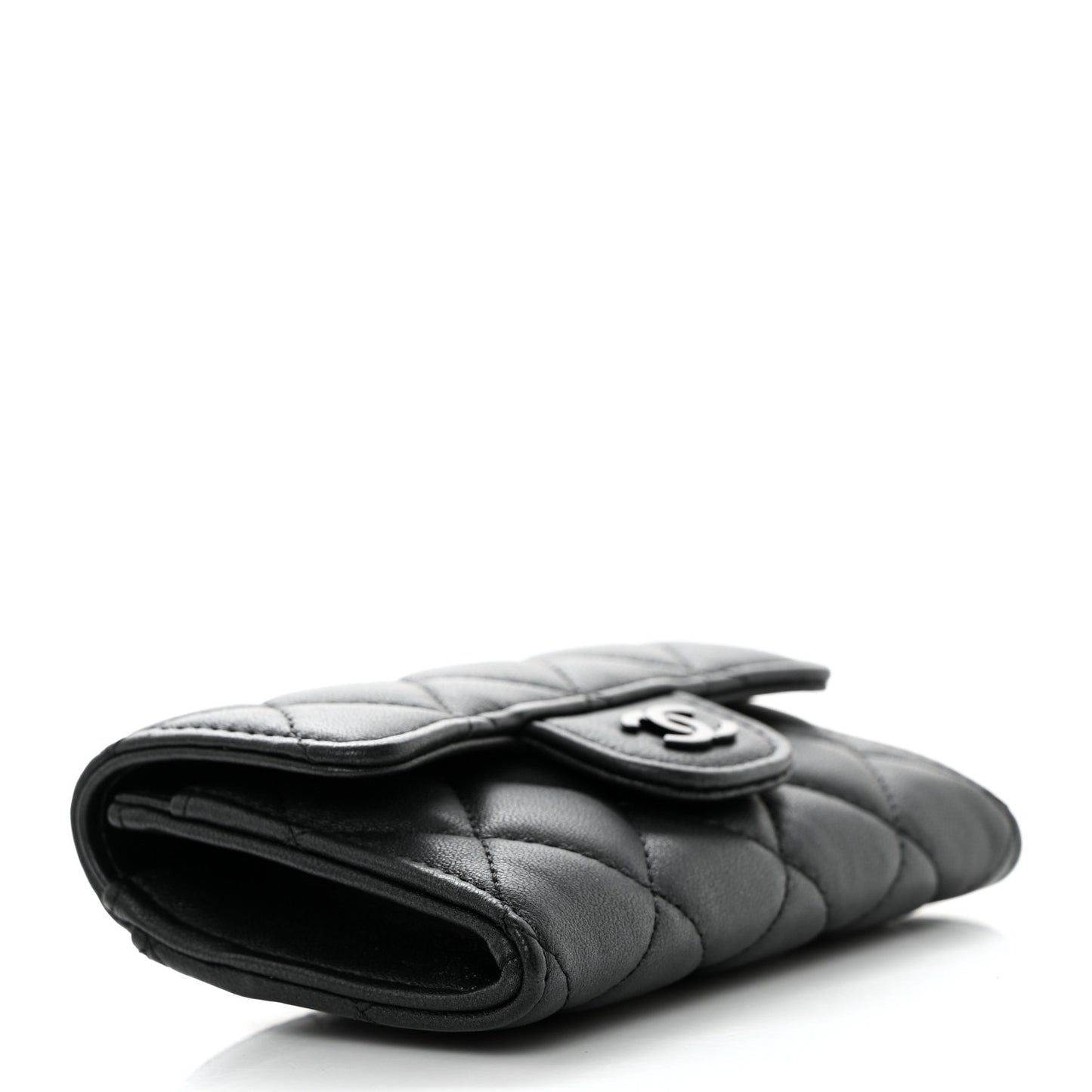 Pearly Lambskin Quilted Flap Card Holder Wallet So Black