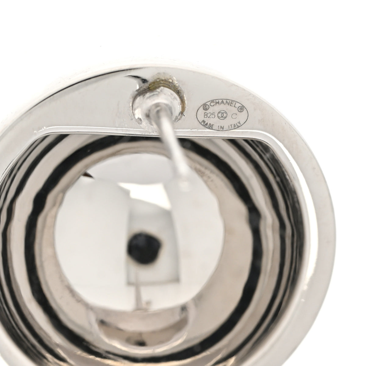 Metal Enamel CC Round Dome Earrings Silver White