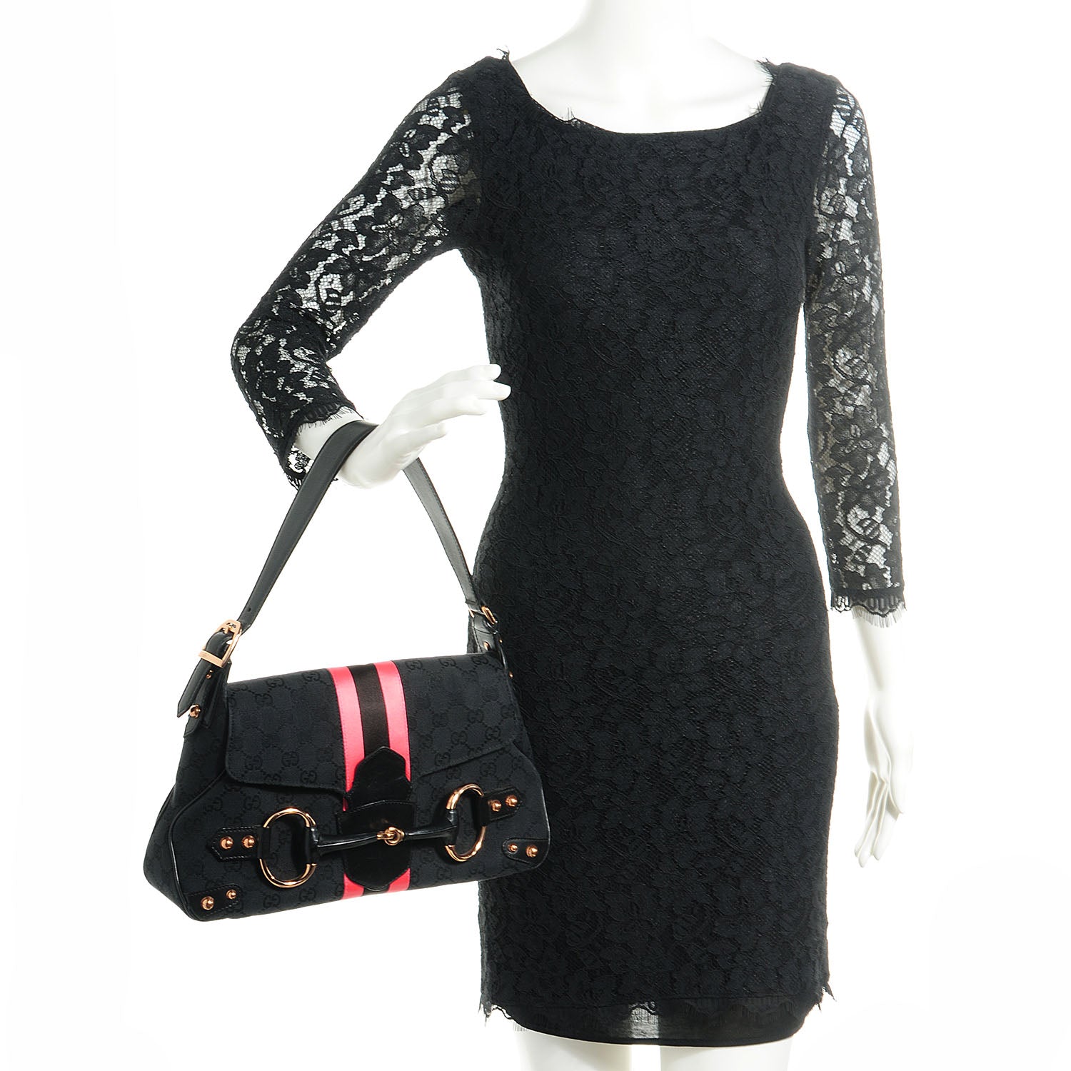 Gucci Monogram Horsebit Web Flap Bag Black Pink 2 of 7