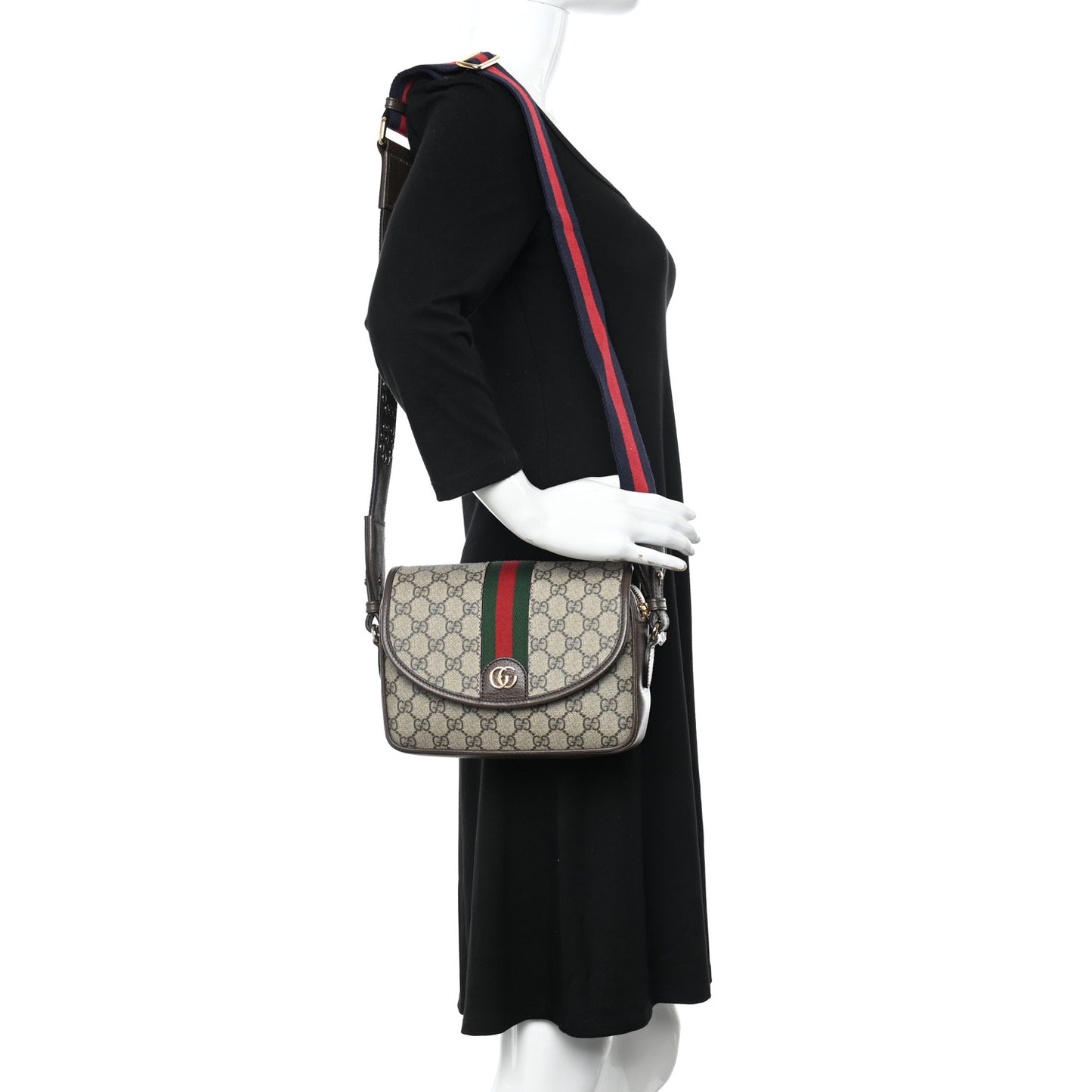 GG Supreme Monogram Textured Dollar Calfskin Web Studded Mini Ophidia Flap Shoulder Bag Beige Ebony New Acero