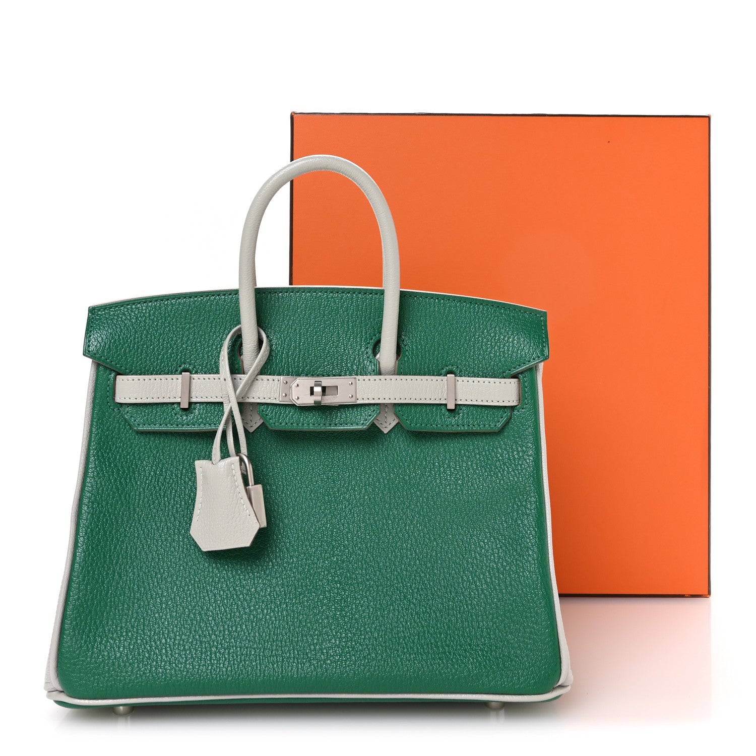 Hermes Chevre Mysore Horseshoe Birkin 25 Vert Vertigo Gris Perle