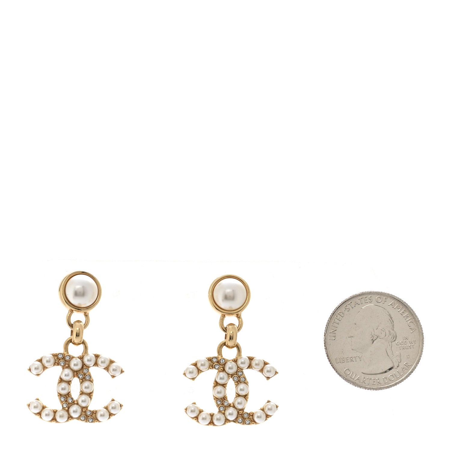 Chanel Pearl Crystal CC Drop Earrings Gold 2 of 5