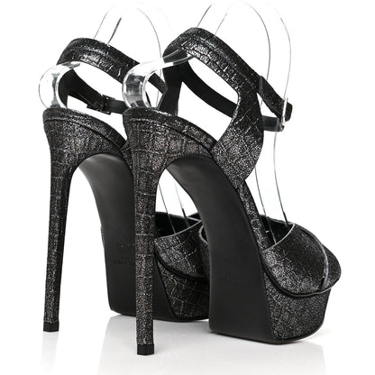 Saint Laurent Metallic Calfskin Crocodile Embossed Tribute 105 Platform Sandals 41 Anthracite 4 of 8