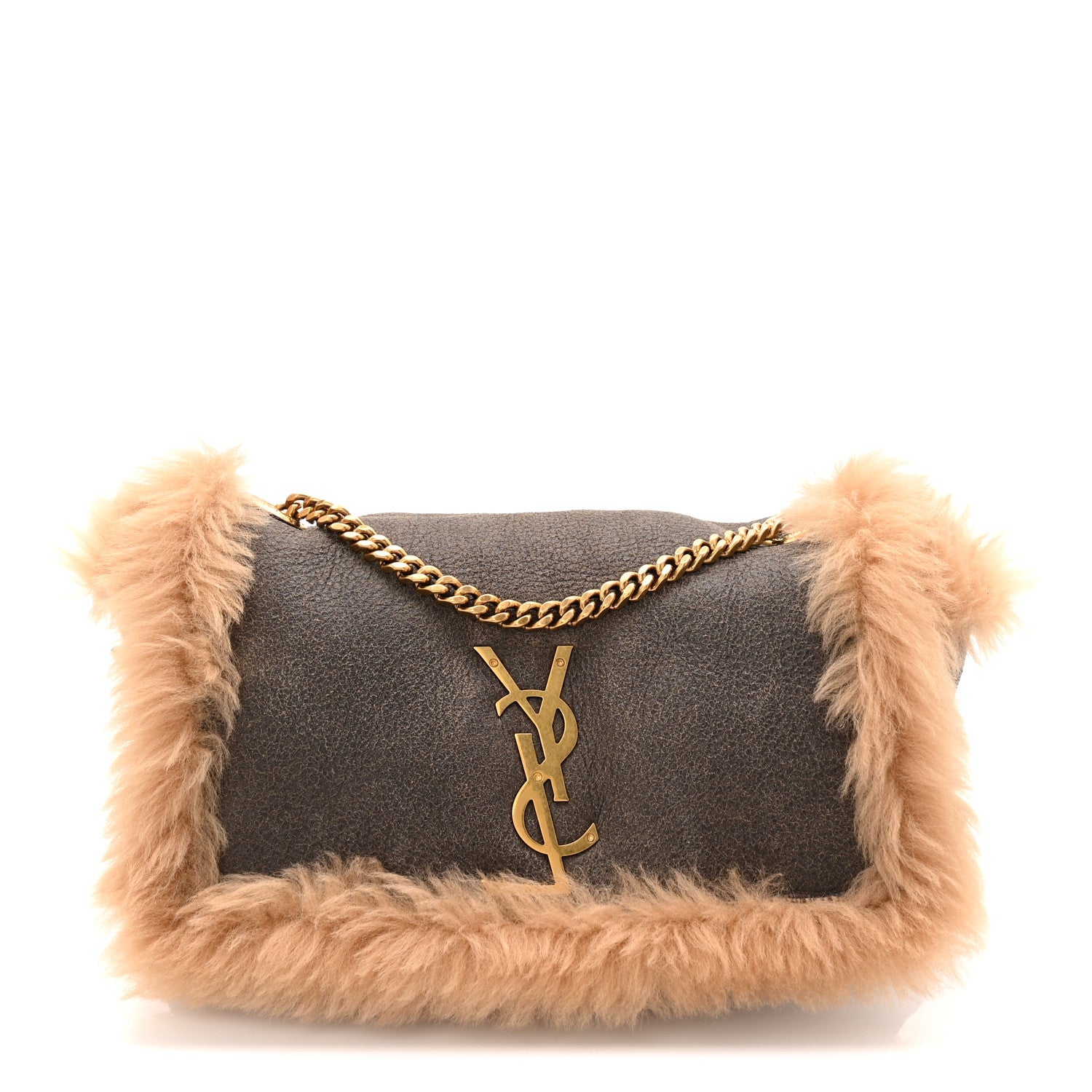 Saint Laurent Shearling Calfskin Small Reversible Monogram Kate Satchel Ecru Dark Brown 3 of 17