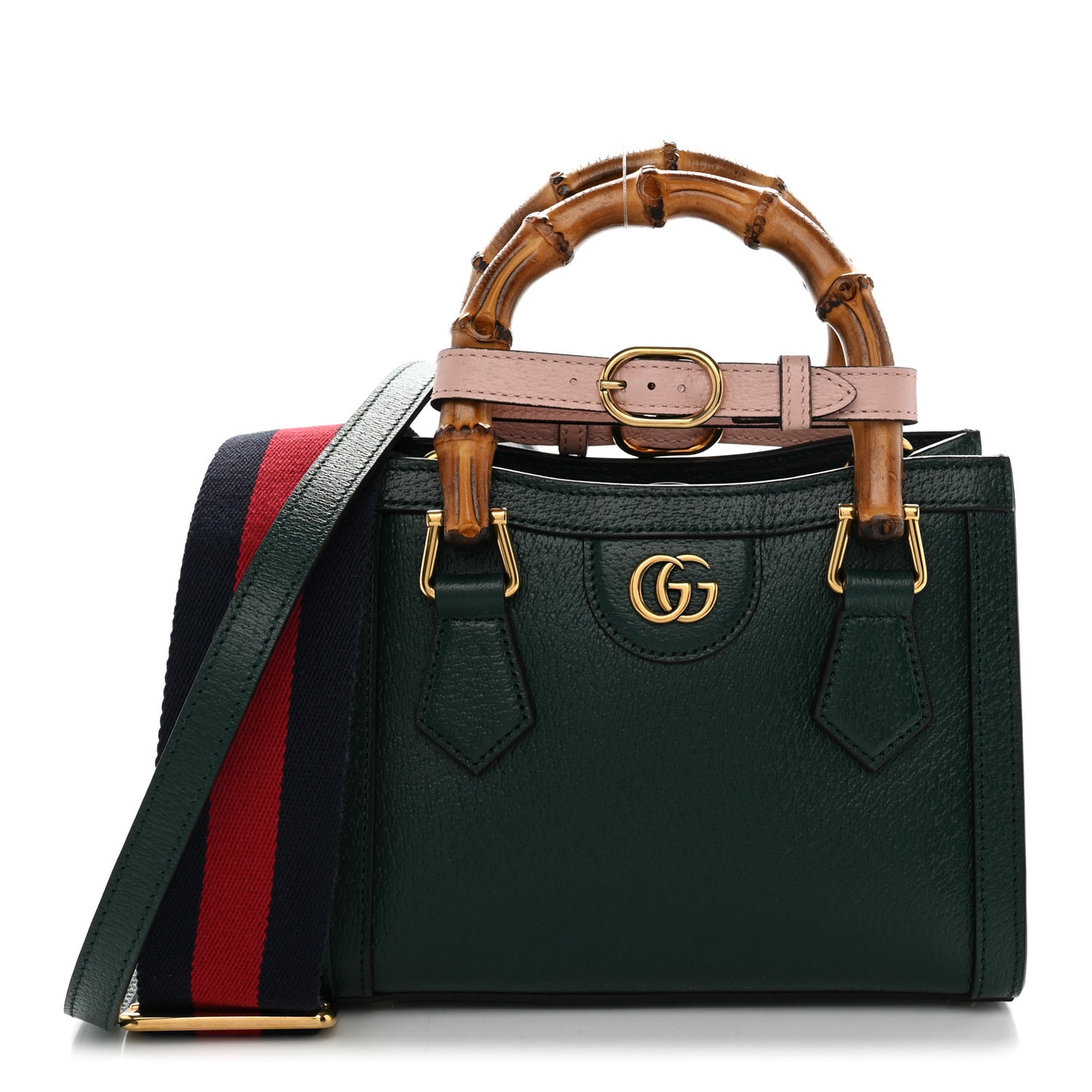 Textured Dollar Calfskin Web Mini Diana Tote Bag Vintage Green Pink