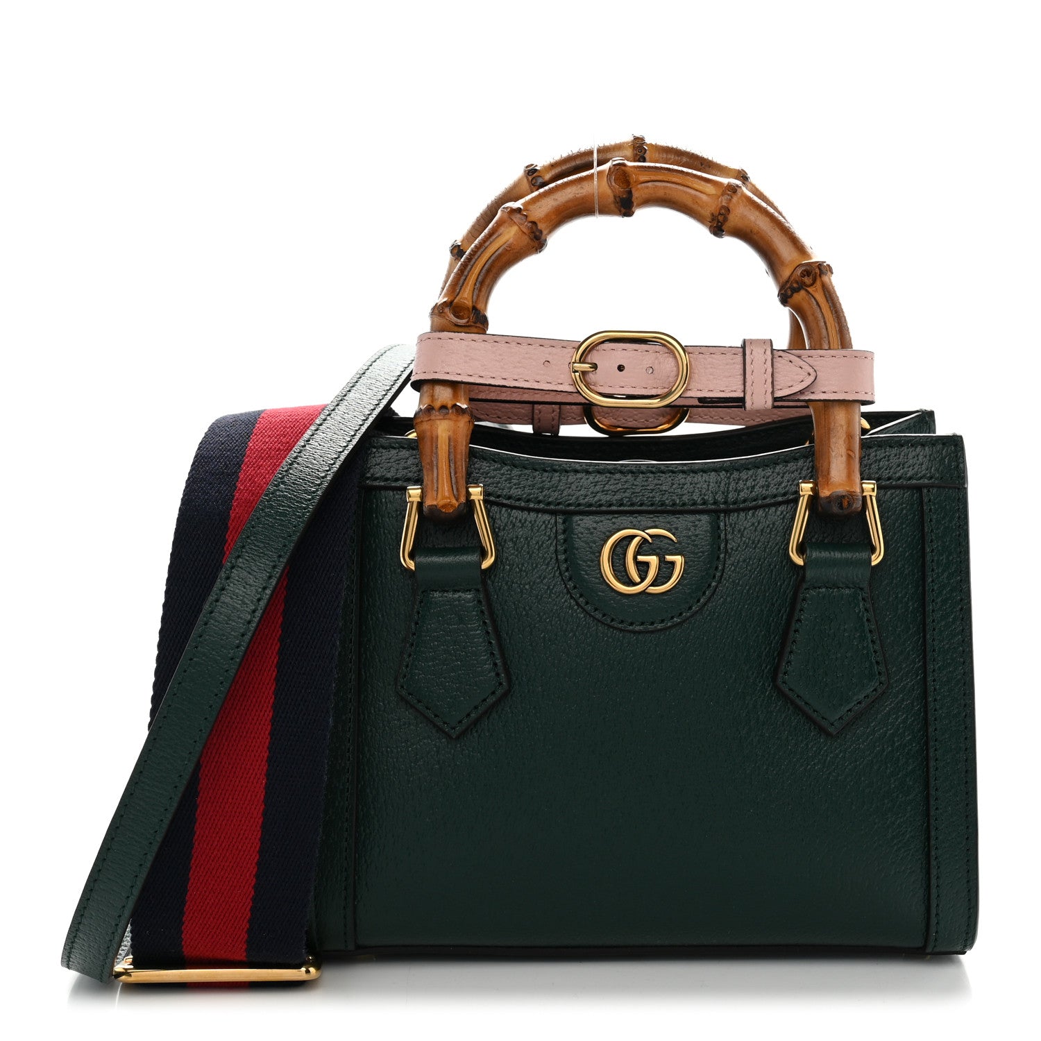 Gucci Textured Dollar Calfskin Web Mini Diana Tote Bag Vintage Green Pink 1 of 9