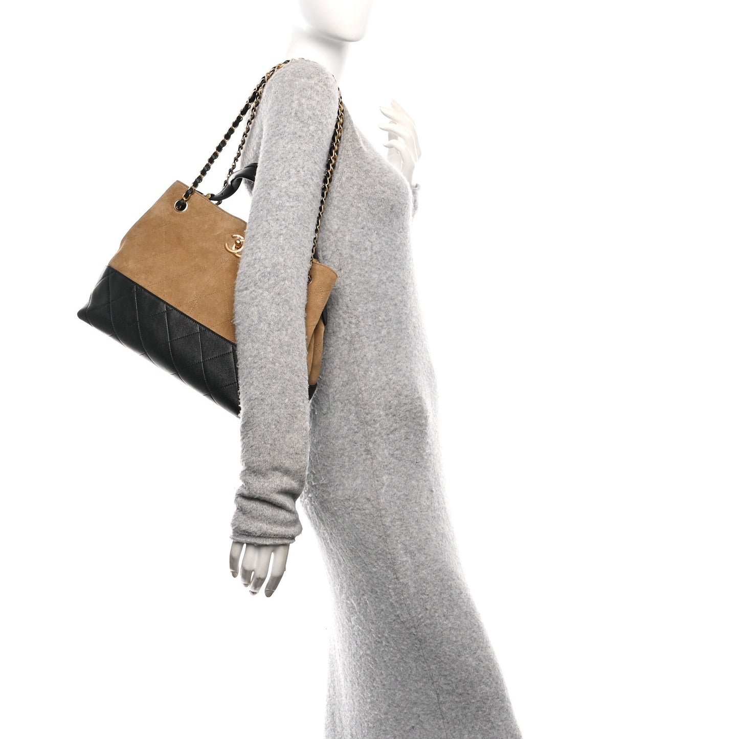 Suede Calfskin Shiny Lambskin Quilted Small Coco Base Shopping Bag Beige Black