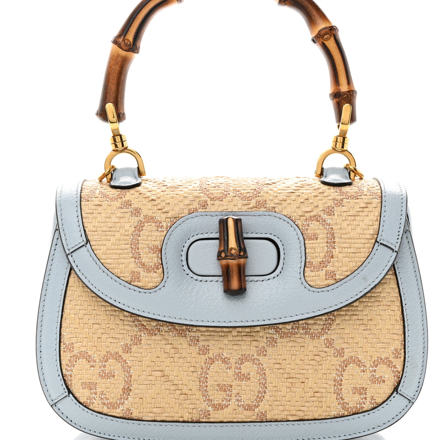 Raffia Textured Dollar Calfskin GG Monogram Small Bamboo 1947 Top Handle Bag Light Blue Natural