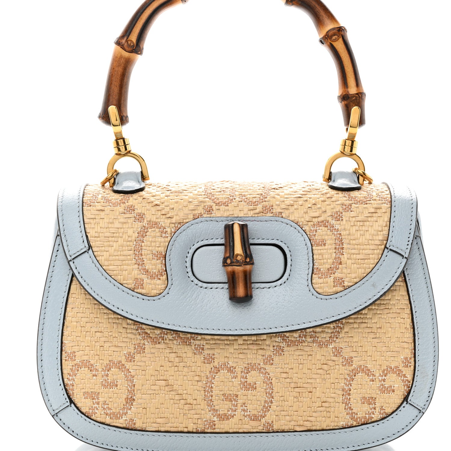 Gucci Raffia Textured Dollar Calfskin GG Monogram Small Bamboo 1947 Top Handle Bag Light Blue Natural 8 of 11