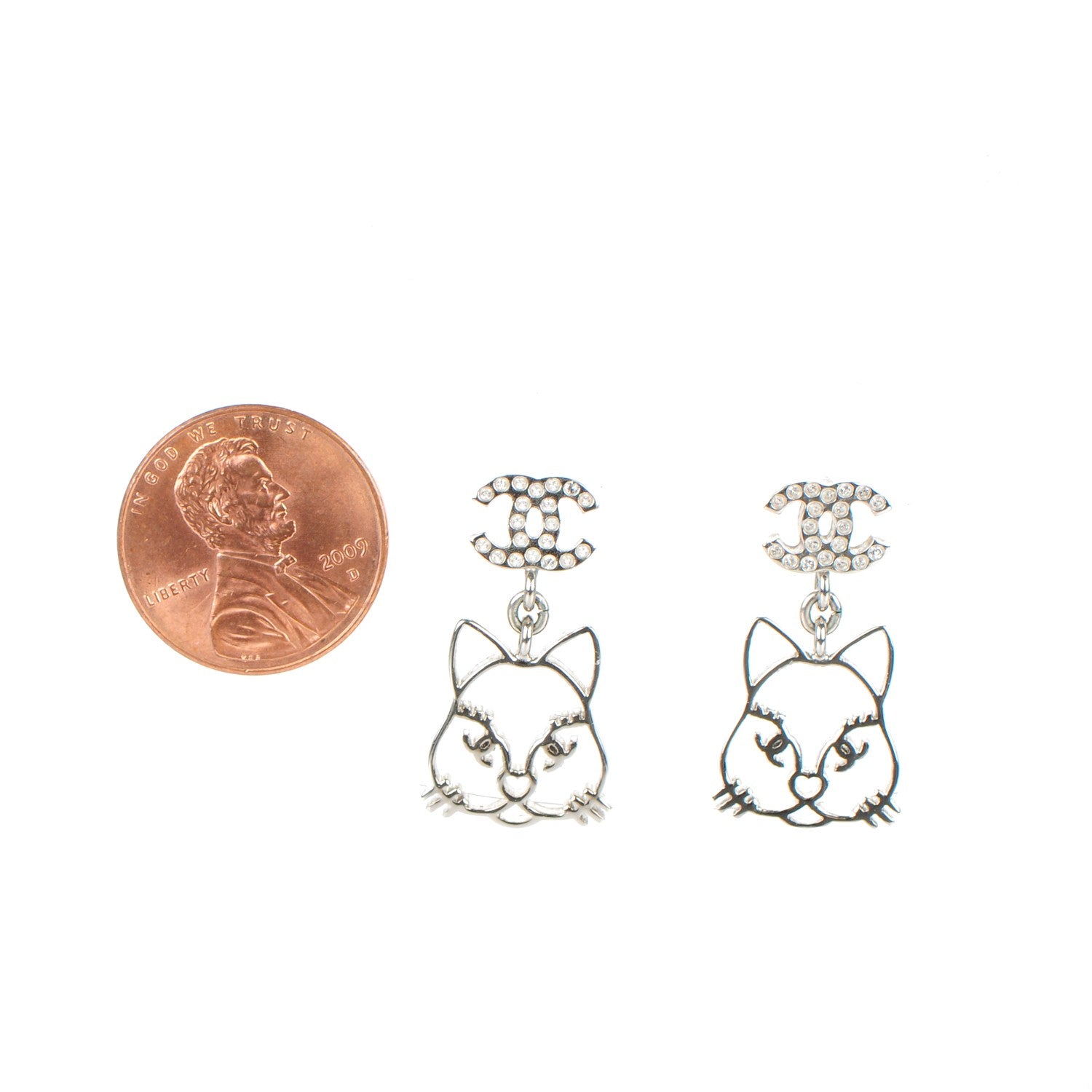 Chanel Crystal Emoji Choupette Cat CC Earrings Silver 2 of 5